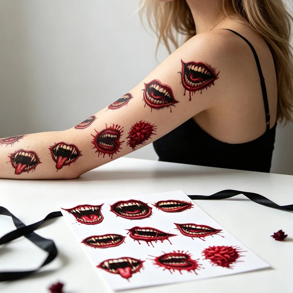 9PCS Bloody Scratches Temporary Tattoos Halloween Horror Fake Tattoos Waterproof Vampire Mouth Tattoo Stickers Scary Party Gifts