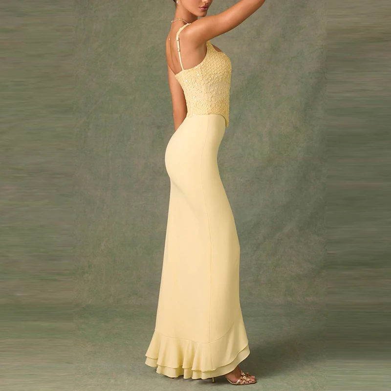 

Sexy Backless Ruffles Split Dress Summer New Sequins Knitted Spliced Halter Dress Elegant Sleeveless Solid Color Wrap Hips Dress