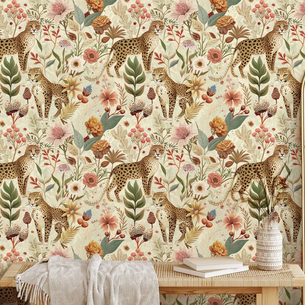 Boho Leopard Floral Peel and Stick Wallpaper Living Room Vintage Jungle Cheetah Self Adhesive Removable Wall Sticker for Bedroom