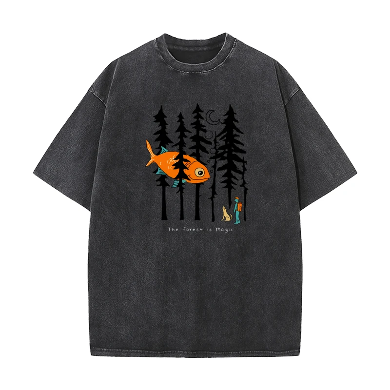 Forest is Magic Crazy Autumn Pure Cotton Crewneck Mens Tees Graphic Washed Tops T Shirt Cute Short Sleeve vintage T Shirt