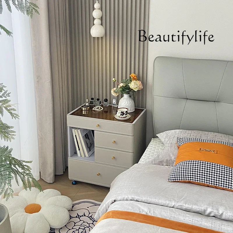 

XX Movable Solid Wood Bedside Table Home Bedroom Saddle Leather Multifunctional Bedside Storage Chest Fashion