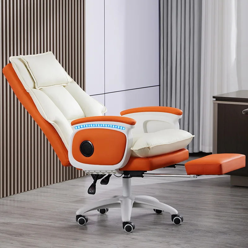 White Big boss Leather Executive Ergonomic Office Chair Luxury Comfortable Light Speaker Neck Support Computer Chair for Sale