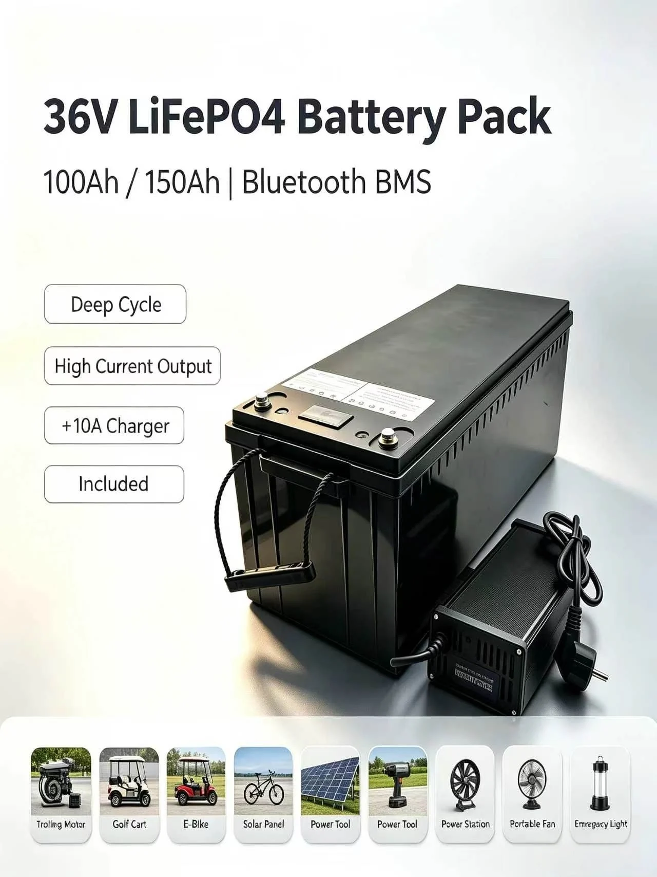 36V 100Ah 100A 150AH 150A Power Supply LiFePO4 Lithium Iron Battery Deep Cycle Choice Bluetooth BMS for Trolling Boat Golf Cart
