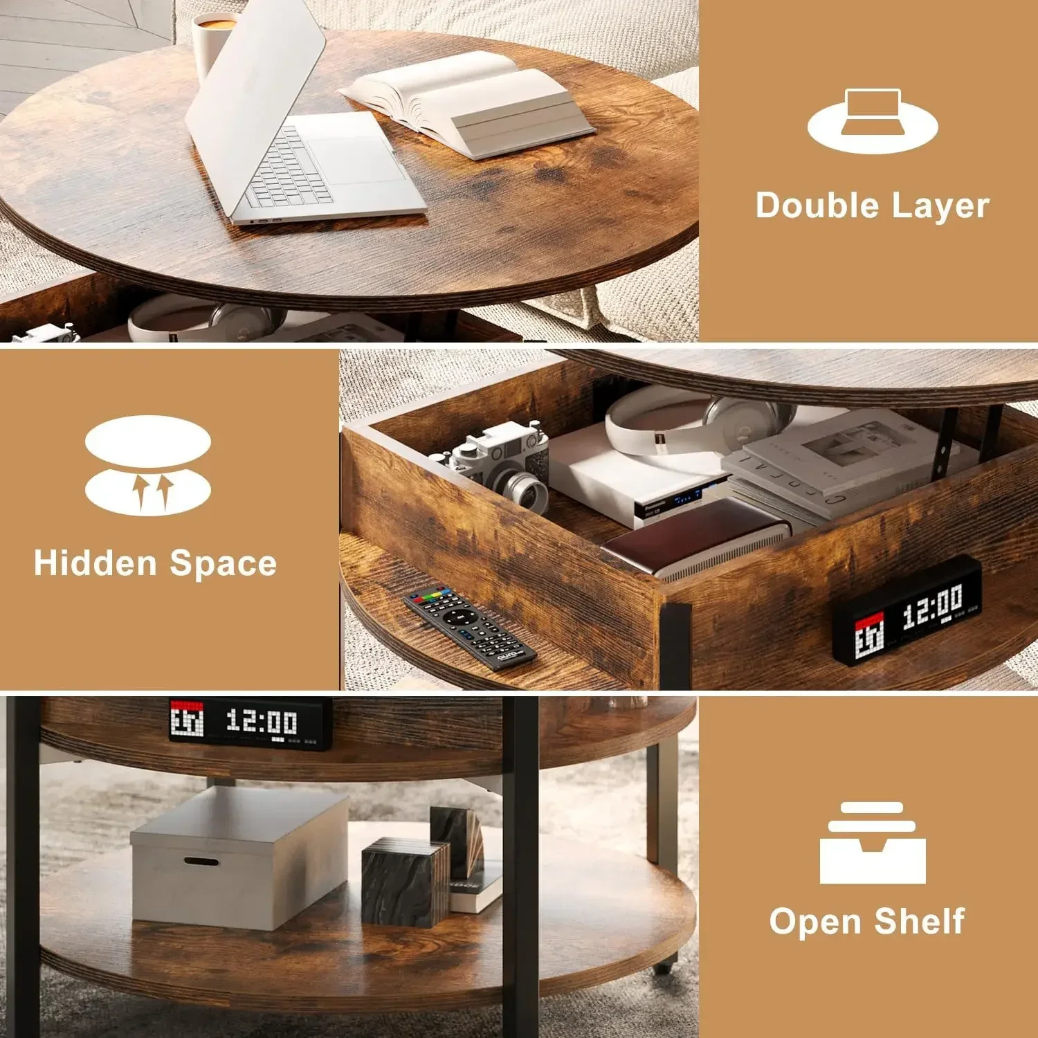 Round Lift Top Coffee Table with Storage and Hidden Compartment, 26.77'' Farmhouse Coffee Table for Living Room, 2 Tier