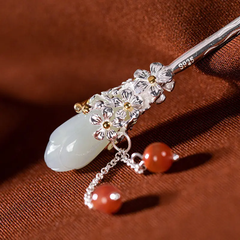 Auspicious Chinese Style S925 Silver Hetian Jade Magnolia Hairpin Retro Tassel Hair Stick Hanfu Accessory Traditional Blessing