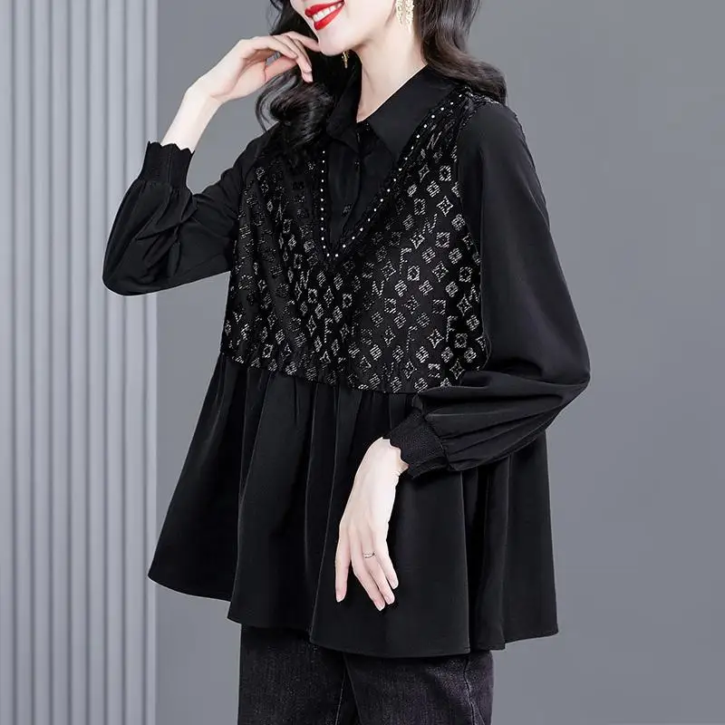 Fashion Lapel Beading Lace Loose Folds Letter Blouse Women\'s Clothing 2023 Autumn Winter New Oversized Casual Tops Korean Shirt