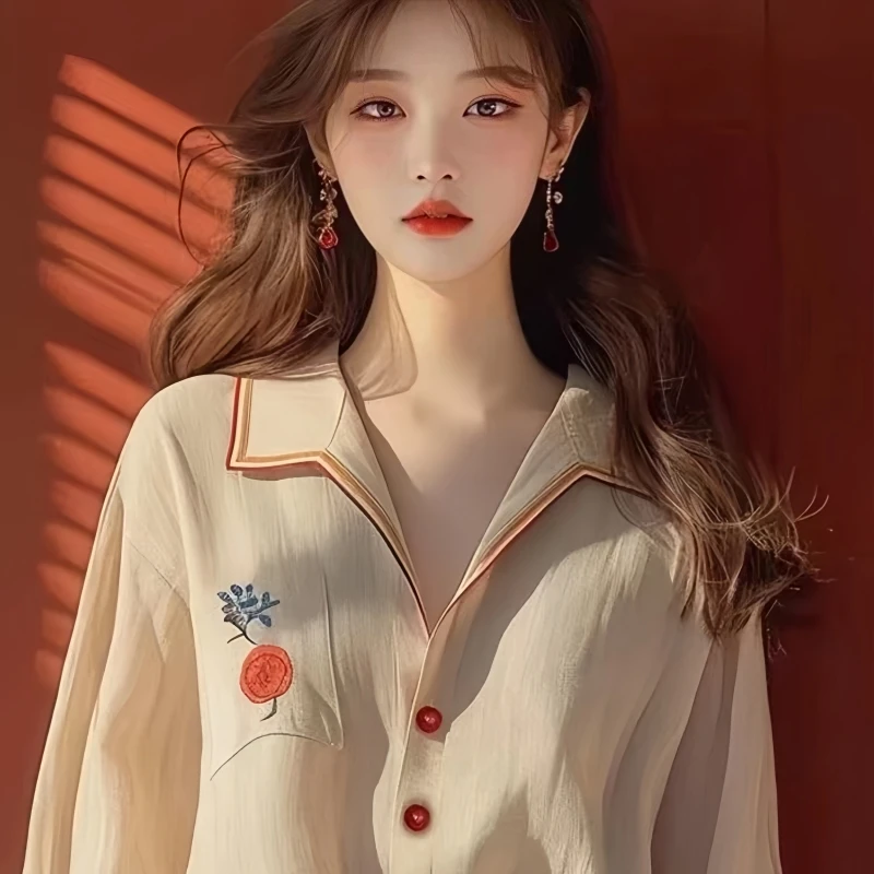 เสื้อเชิ้ตชีฟองสไตล์เกาหลี แขนยาว ทรงหลวม สบายๆ คอปกพับ ติดกระดุมเม็ดเดียว เหมาะสำหรับใส่ไปทำงาน ทรงเข้ารูป รุ่นใหม่ล่าสุดสำหรับฤดูใบไม้ผลิ