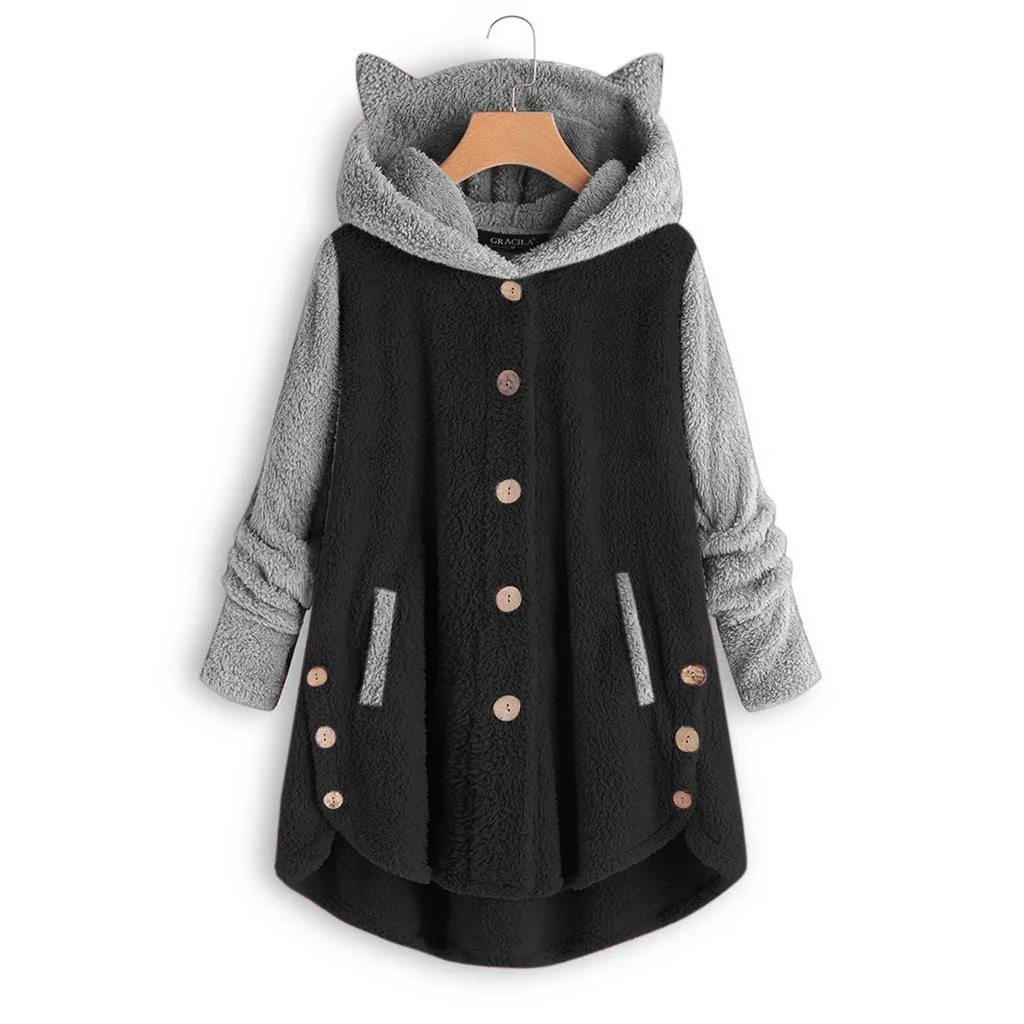 Women's Autumn and Winter Button Hooded Cat Ears Plush Pocket Button Top Irregular Trendy Brand Color Block Jacket for Women