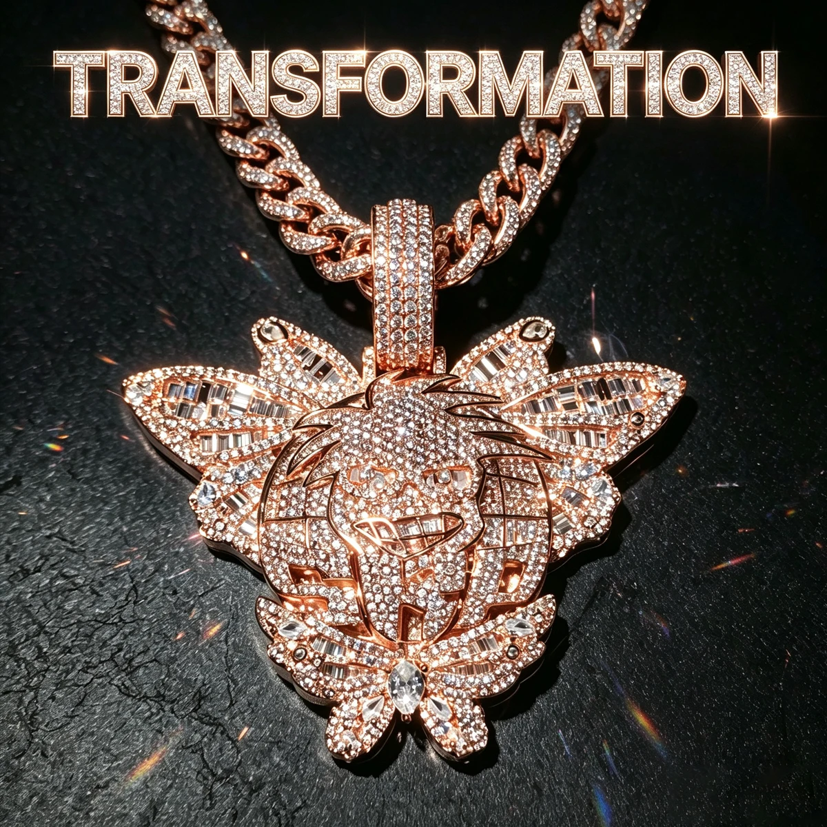 Iced‑Out Butterfly Cartoon Hip Hop Pendant Micro‑Paved Cubic Zirconia 18K Rose Gold Finish Luxury Bling 3D Charm For Rappers Trendy Streetwear Custom Jewelry Sparkling Full Diamond Fine Jewelry Gifts Party Stage Performance Daily Street for Men Boy Friend