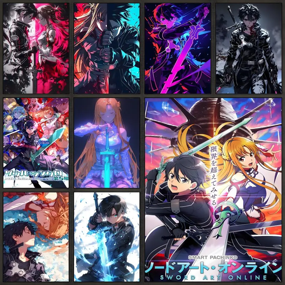 Anime Sword Art Online Kirito Asuna Action Poster Peel And Stick Wall Art PP Waterproof HD Bedroom Living Room Home Decor Gift