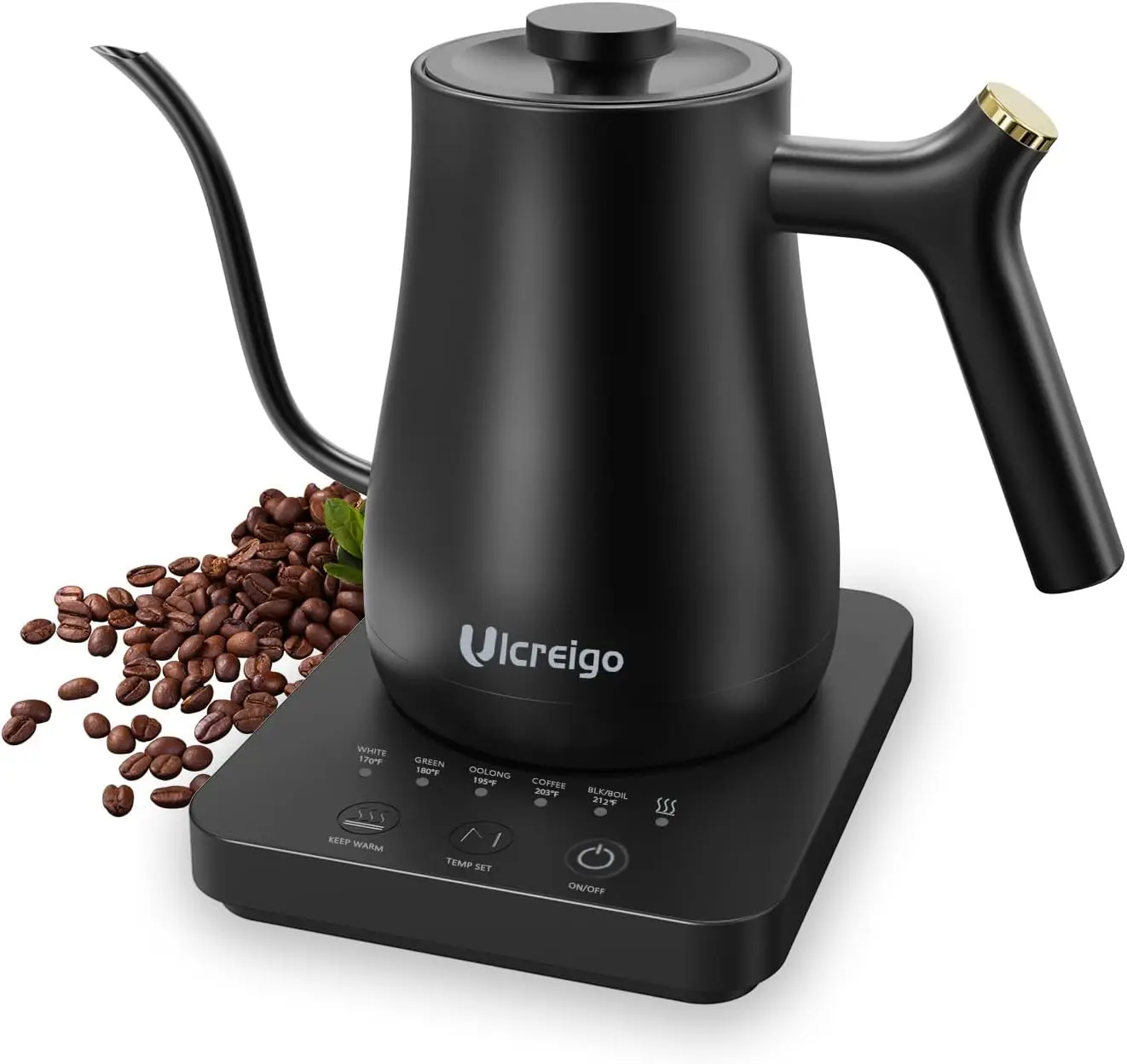 

Electric Gooseneck Kettle with Temperature Control, 5 Presets, Keep Warm 2 Hours, 304 Stainless Steel for Coffee and Tea
