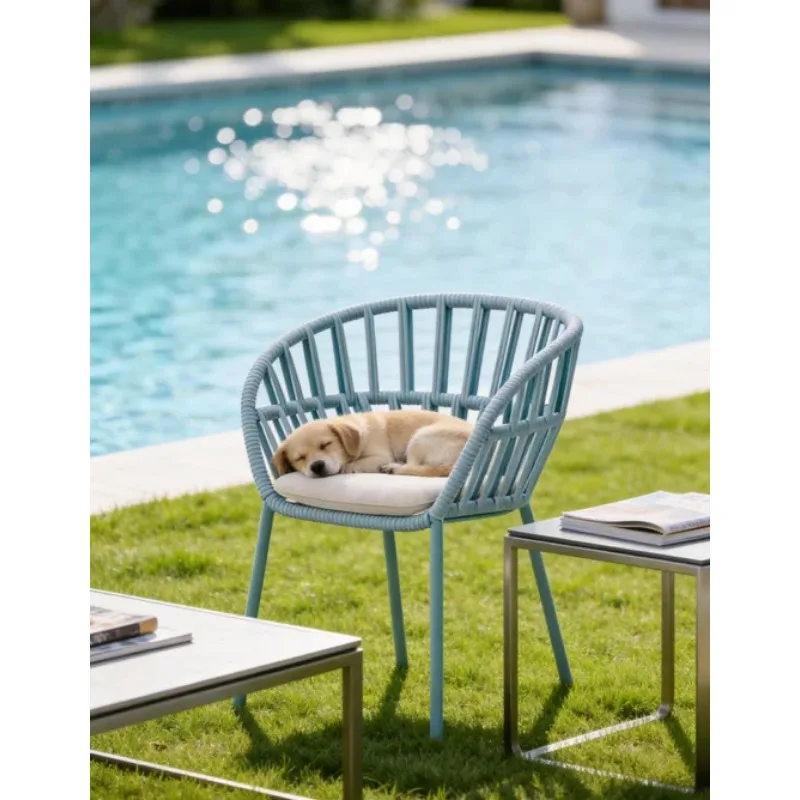 #Modern Comfortable Aluminum Rattan Wicker Rope Weave Patio Dining Chair for Outdoor Garden Use Wood Style Panel