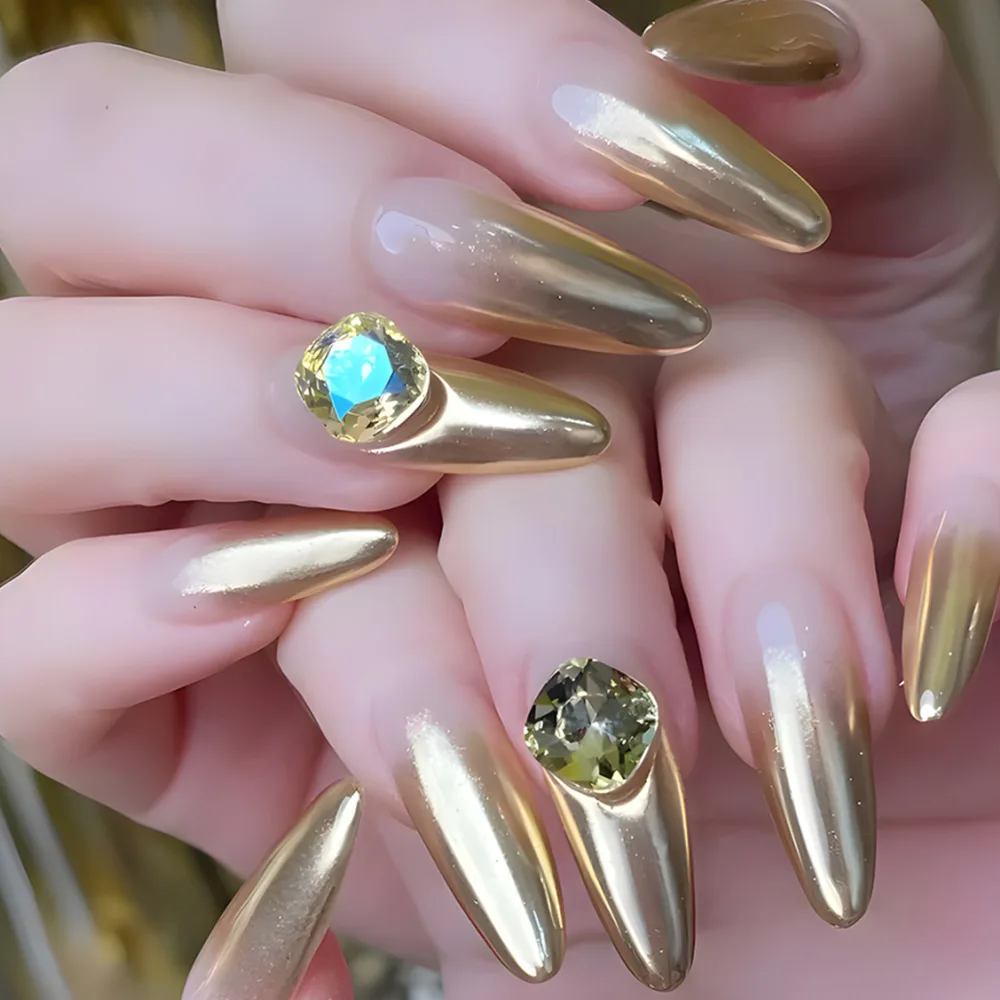 

24pcs Gold Gradient Press-On Nails with 3D Crystal Rhinestones, Long Almond Shape, Assorted Sizes