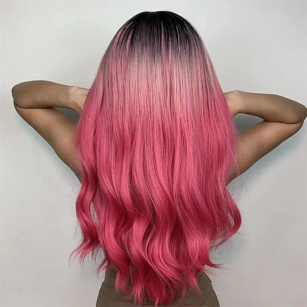 HAIRJOY Synthetic Hair  Wigs  Long Ombre Pink Red Wavy Wigs for Women Black Pink Curly Wigs with Bangs Dark Roots Cosplay Wig image 5