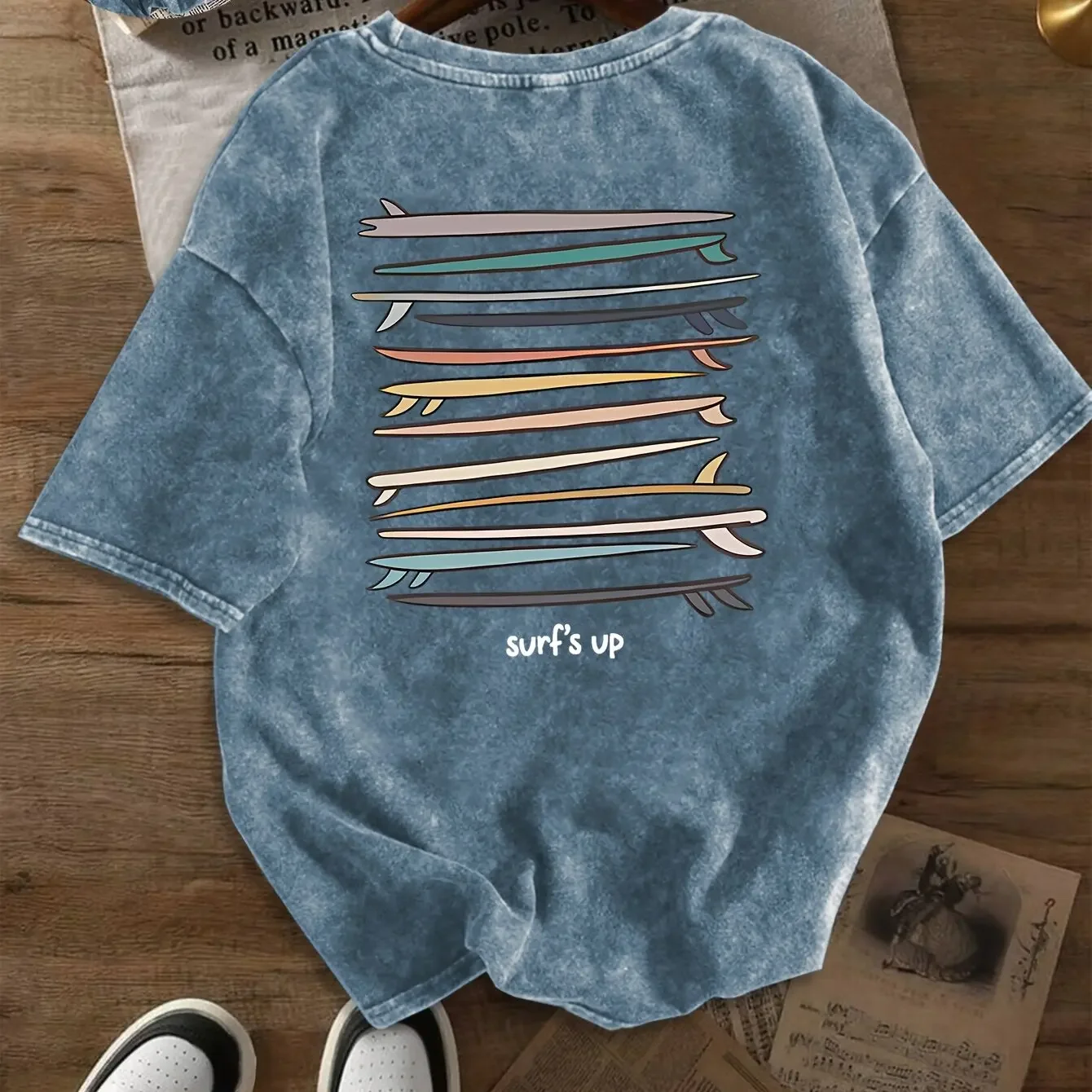 100% pure cotton summer and spring men's and women's round neck short sleeved T-shirt, surfboard tail fin printed soft fabric