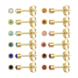 Brincos cirúrgicos de aço inoxidável, Birthstone de zircônia cúbica multicolor, Ear Piercing Gun, 12 pares