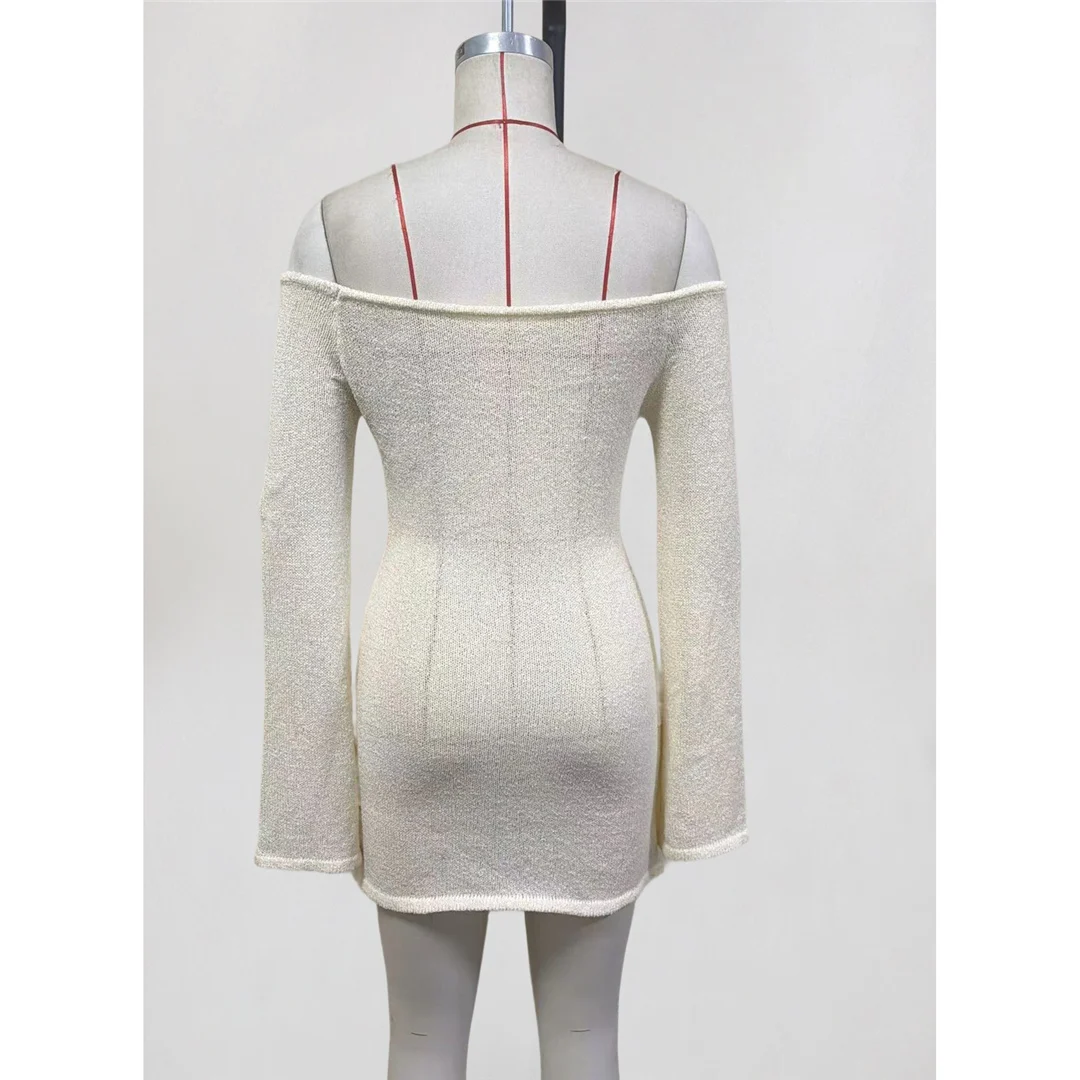 2026 Bedruckte Schulterfreie Langarm-Strick-Tunika Strand-Überwurf Strandkleid Strandmode Damen V8296 – Detail 7