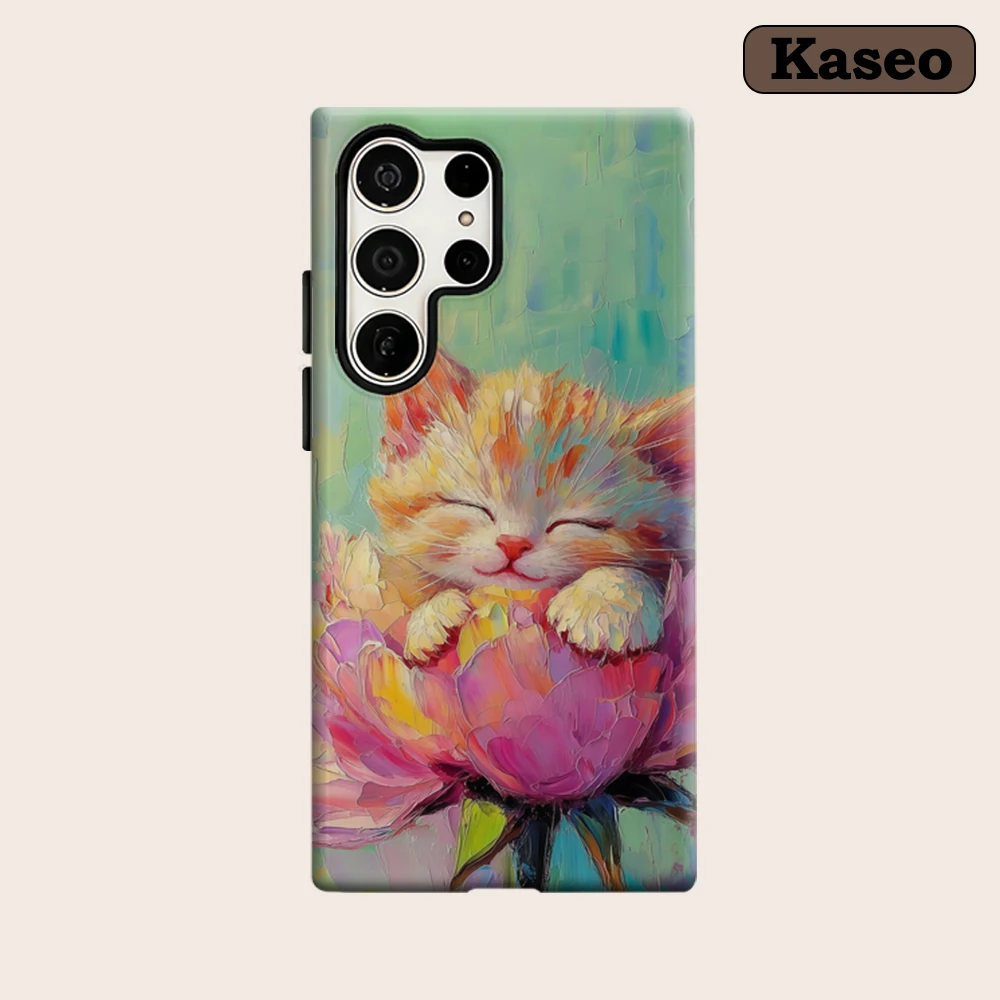 Kaseo Phone Case for Samsung Galaxy S26 S25 Ultra S24 S23 Ultra Plus Shockproof Double Layer Oil Paint Kitten Peony Bloom Cover
