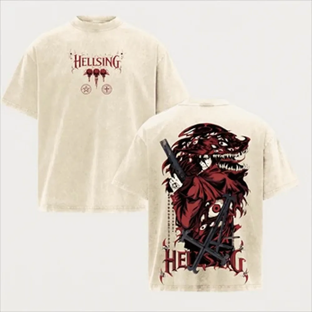 Japanese Anime Hellsing Tshirt Alucard Vintage Y2k Washed T-shirt For Men's Clothing High Quality Oversized Cotton Tees Tops