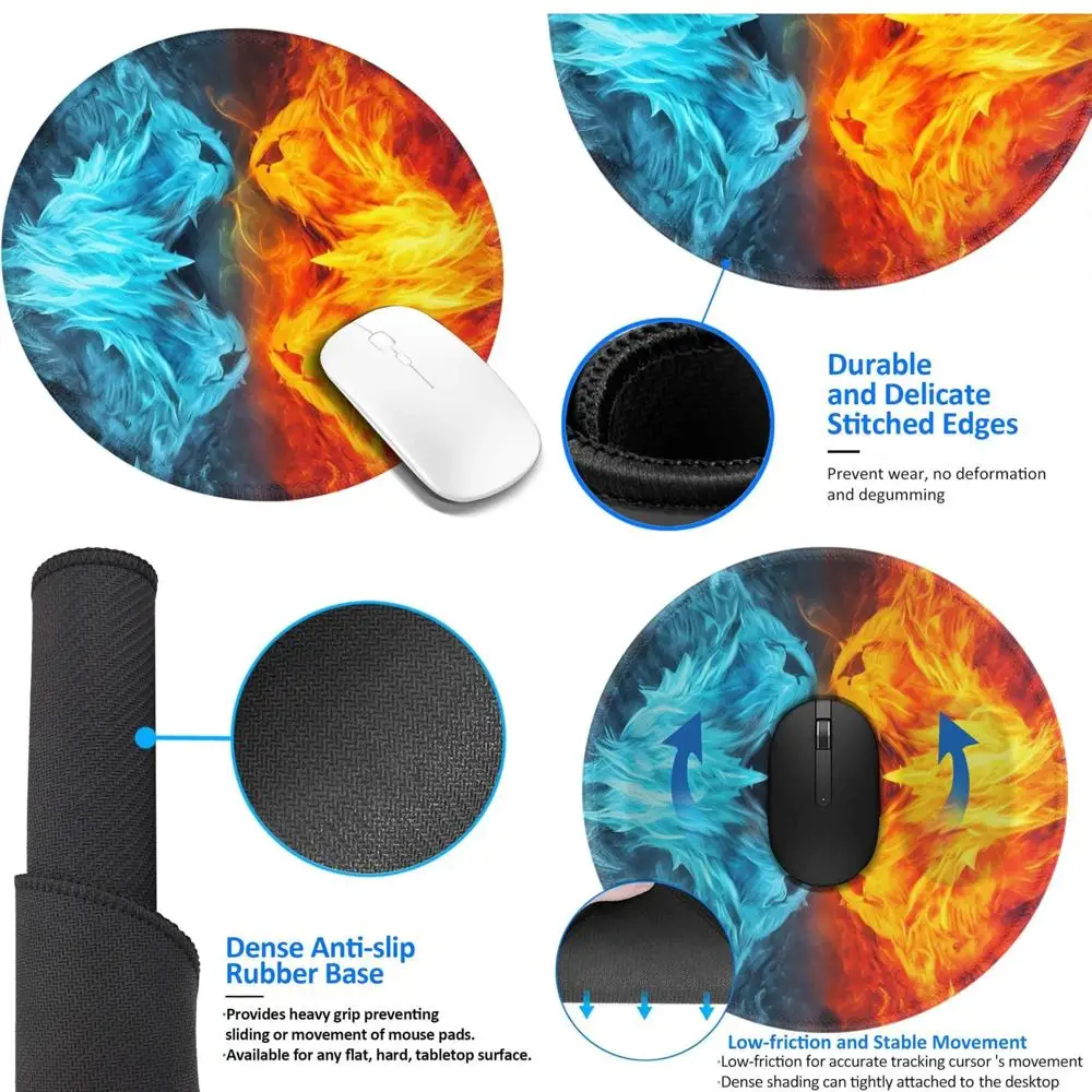 

Fire vs Ice Art Round Mouse Pad, 8 Inch Comfort Gaming Mousepad with Stitched Edge and Non-Slip Rubber Base, Waterproof Computer