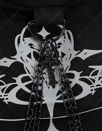 MEOWCOS Halloween Gothic Hoodies for Women Gothic Crop Top Punk Clothes Long Sleeve Chain Sweatshirt Hoodies Cosplay Costume view 5