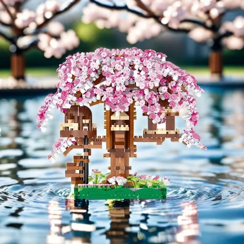 DIY Discoloration Cherry Blossom Flower Tree House  Building Blocks Mini Bricks Model Kids DIY Puzzle Toys Holiday Gift