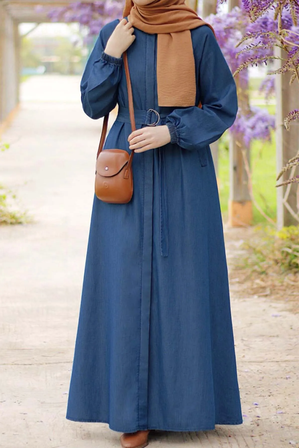 

Muslim Maxi Dresses for Women Vintage Denim Lace Up Lantern Sleeve Maxi Dress