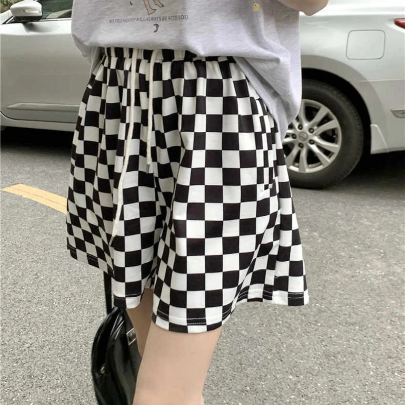 

Plaid Shorts Women Korean Style Casual Daily High Waist A-line Versatile Fashion Thin Drawstring Straight Leg Short Pants Female