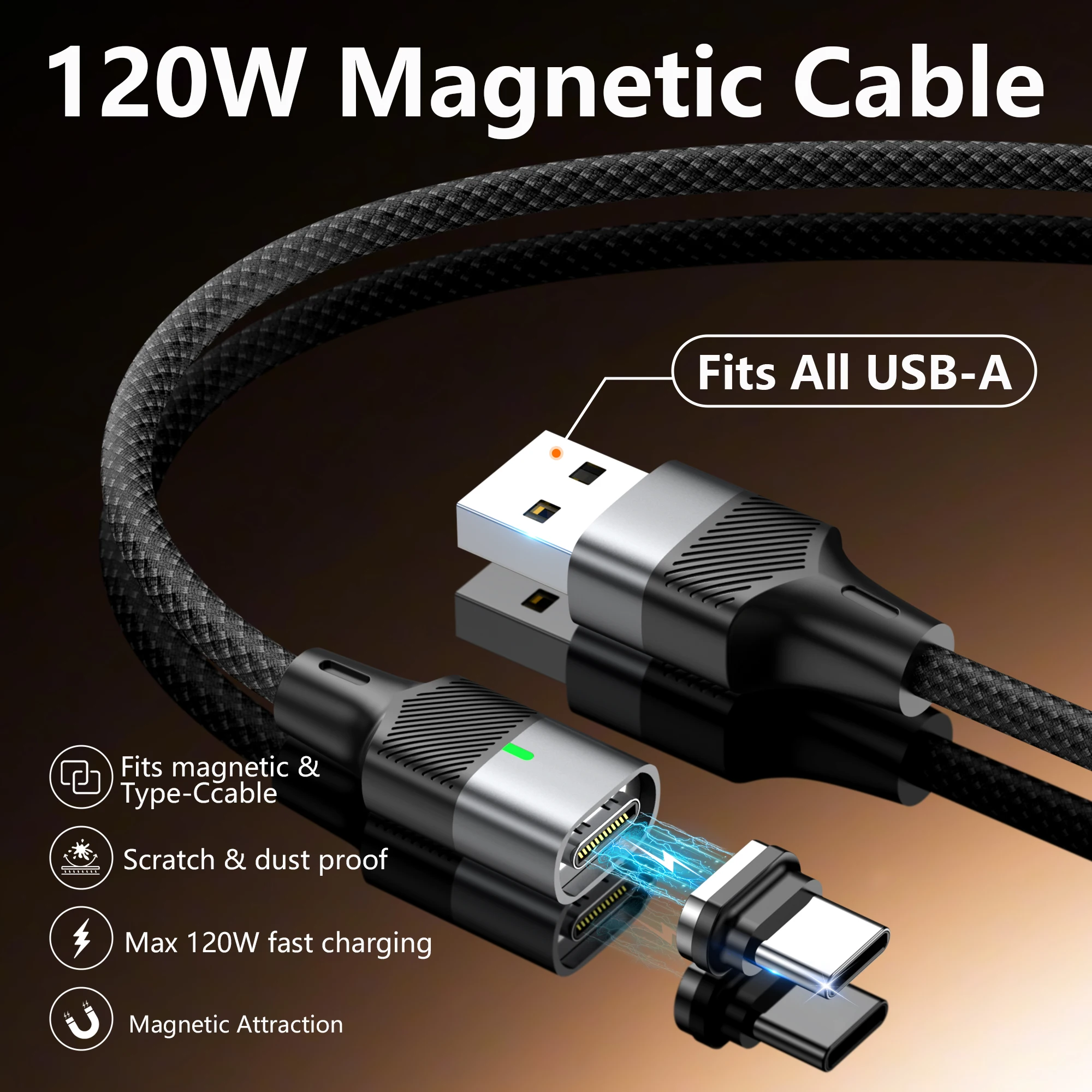 120W Fast Charging Magnetic Cable Nylon Braided USB‑A to Type‑C Cable Magnetic Dust‑proof Data Wire for Smartphone Notebook