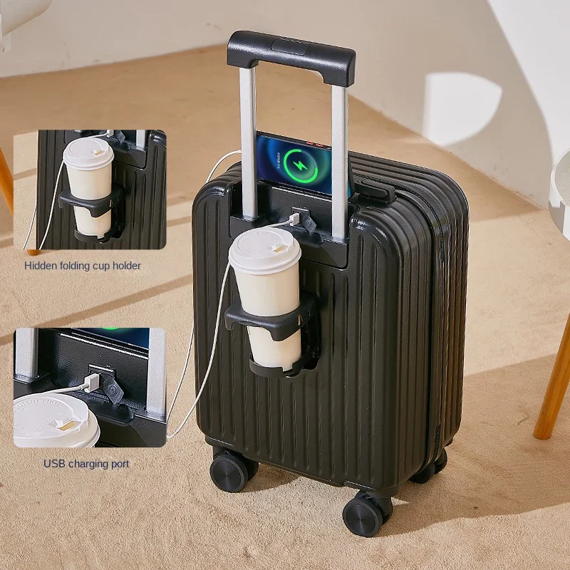 

Small suitcase multifunction lightweight rolling luggage USB cup holder 18/20" Carry-on travel bag mini password trolley case