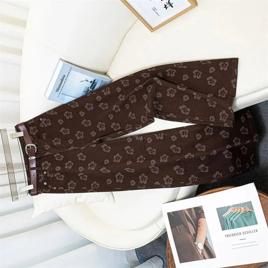 

Новые весенне-осенние широкие джинсы с кофейным принтом, женские брюки с высокой талией, прямые брюки, женские свободные ковбойские брюки, женские брюки