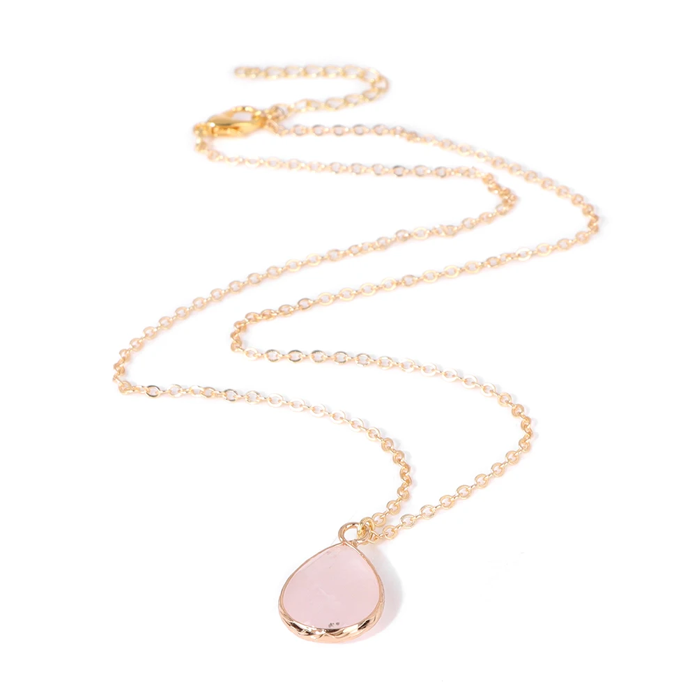 New Rose Quartzs Pendant Necklaces Rectangular Round Rose Quartzs Charm Necklace 18K Gold Color Plated Chain Necklace for Women