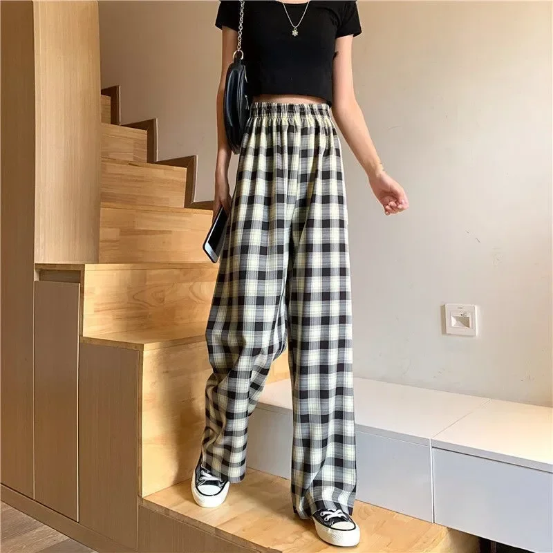 New Vintage Plaid Women Pants High Waist Wide Leg Straight Pant Loose Casual Female Trousers Wide Leg Pant Fashion Streetwear