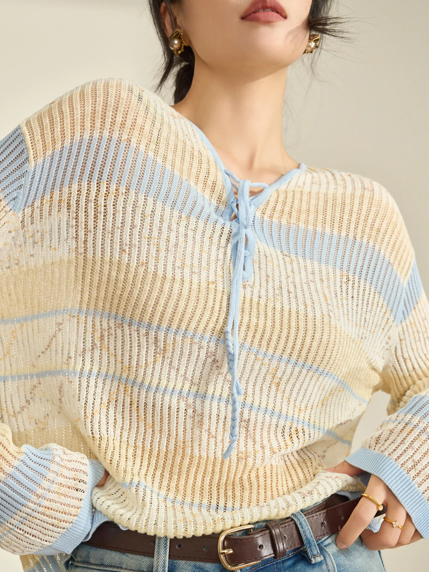 

Ele V-Ne Knitwear Women's Faion Spring 2026 New Sle Striped Light Brown Knitted Top Flowing Era Commute Sle Loose...