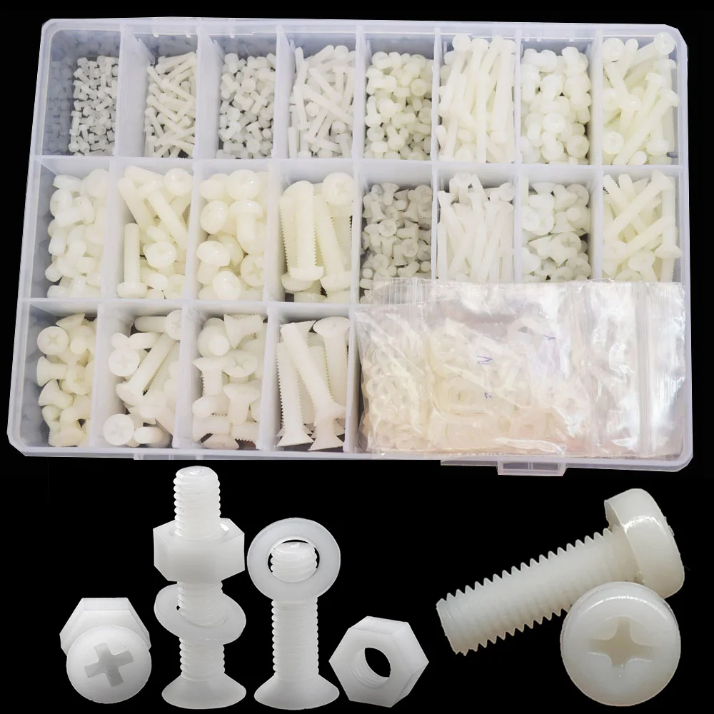 

1275PCS M2M3M4M5M6 White Phillips Nylon Countersunk Flat Head Screw Nut Washer Set Round Head Cross Bolt Plastic Insulated Screw