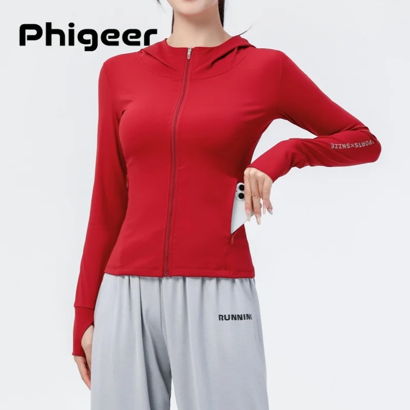 

PHIGEER теннисная куртка для женщин, спортивная рубашка на молнии с капюшоном и длинными рукавами, топ для тренировок, легкое пальто для йоги с карманами