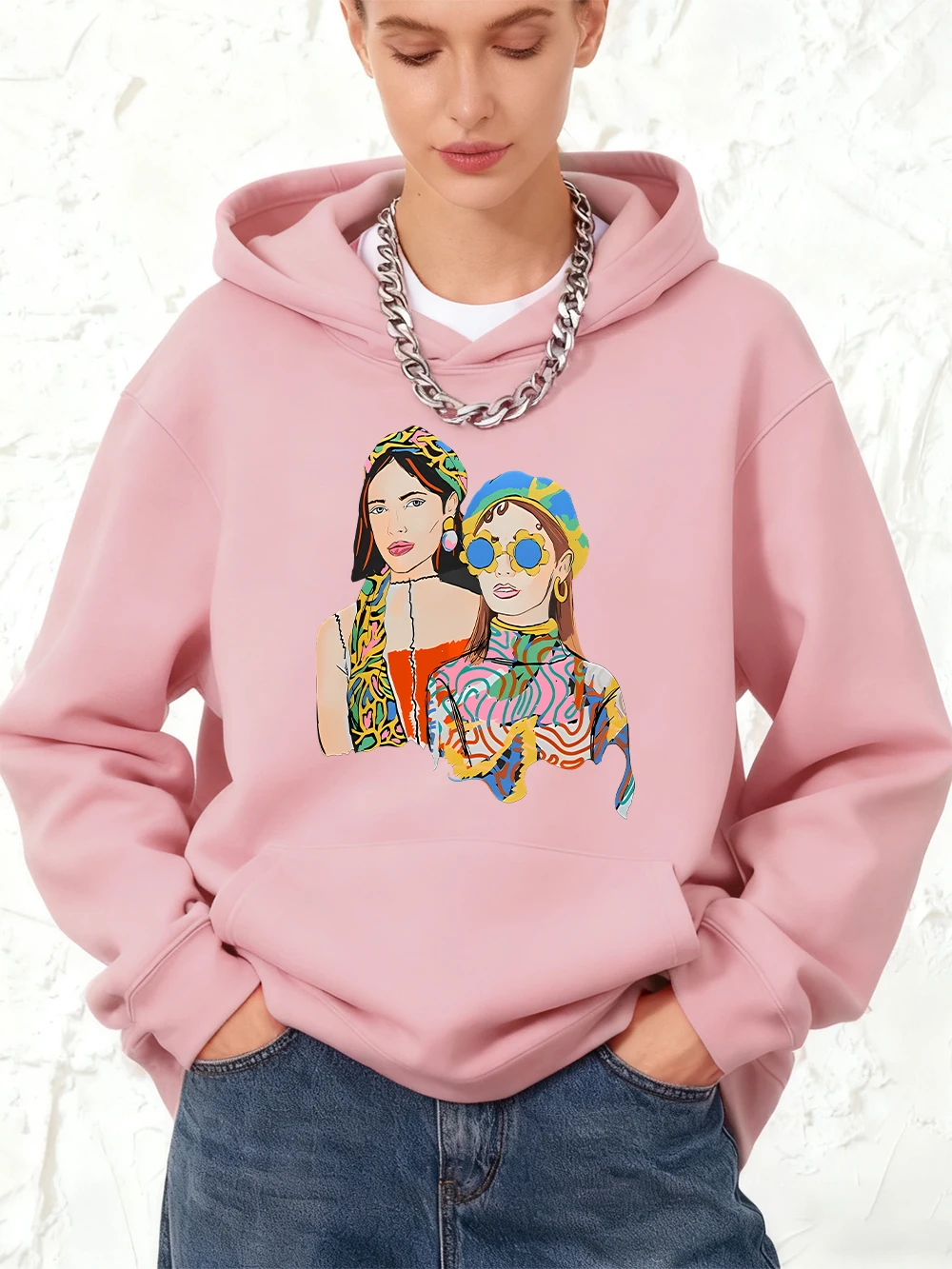 

Hand Painted City Girls Prints Hoodie Cotton Womens Winter Fleece Warm Pullover Jogging Pocket Sweatshirts Sporty Loose Clothes