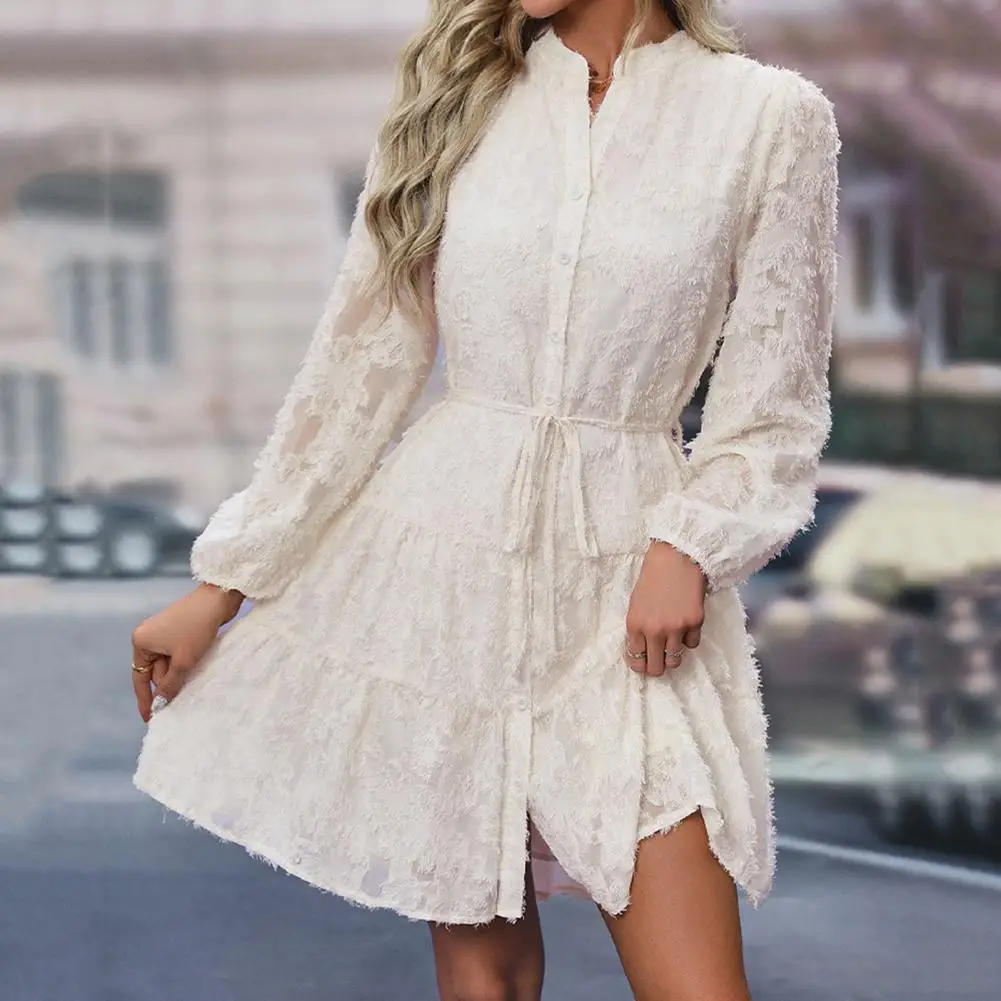 Women A-line Dress Elegant Lace Midi Dress for Women with Long Sleeves Slim Waist for Fall Spring Parties Dates Waist Strap