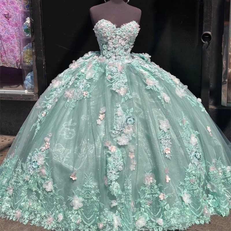 Evlast Prinses Mint Liefje Baljurk Quinceanera Jurk Appliqueert 3d Bloemen Kralen Sweet 16 15 Vestidos De 15 Años Tqd035