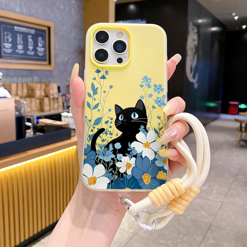 2 in1 Lanyard Jelly Phone Case Cat Blue Floral For Samsung Galaxy S26 Ultra S25 S23 S24 A57 A56 A54 A55 A17 A16 A07 A36 5G Case
