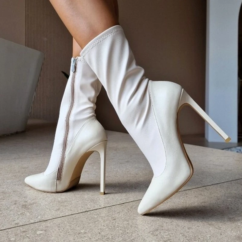 

White Elastic Leather Short Booties Pointed Toe Sky High Heel Ankle Boots Elegant Slim Side Zipper Cover Heels Banquet Pumps