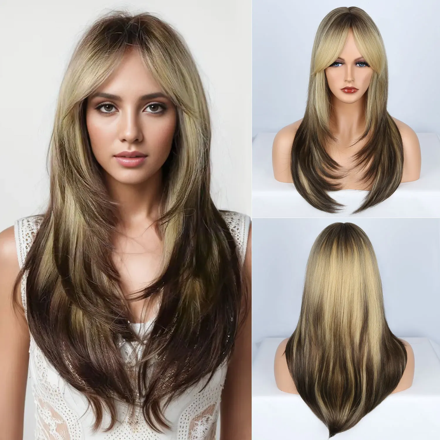 

European and American wig cover women's long curly hair eight-character bangs fashion big waves fluffy imitation chemical fiber