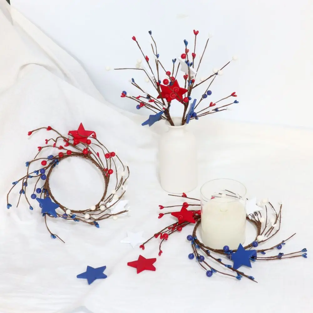 Patriotic Berry Star Candle Ring Ornament For July Fourth Holiday Celebration Tabletop Decor Floral Wreath Accessory