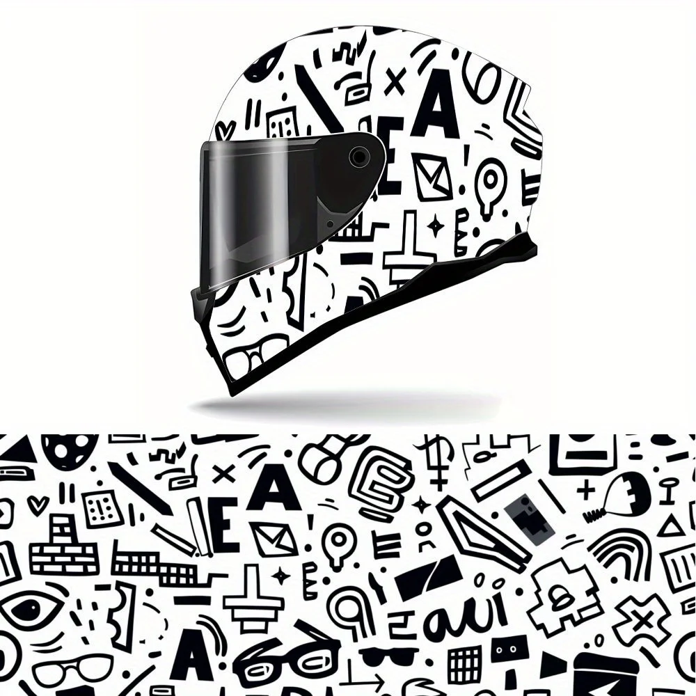 

Black and White Graffiti Style Full Face Helmet Vinyl Wrap Sticker, Waterproof Scratch-Resistant Self-Adhesive PVC Decals, Artis