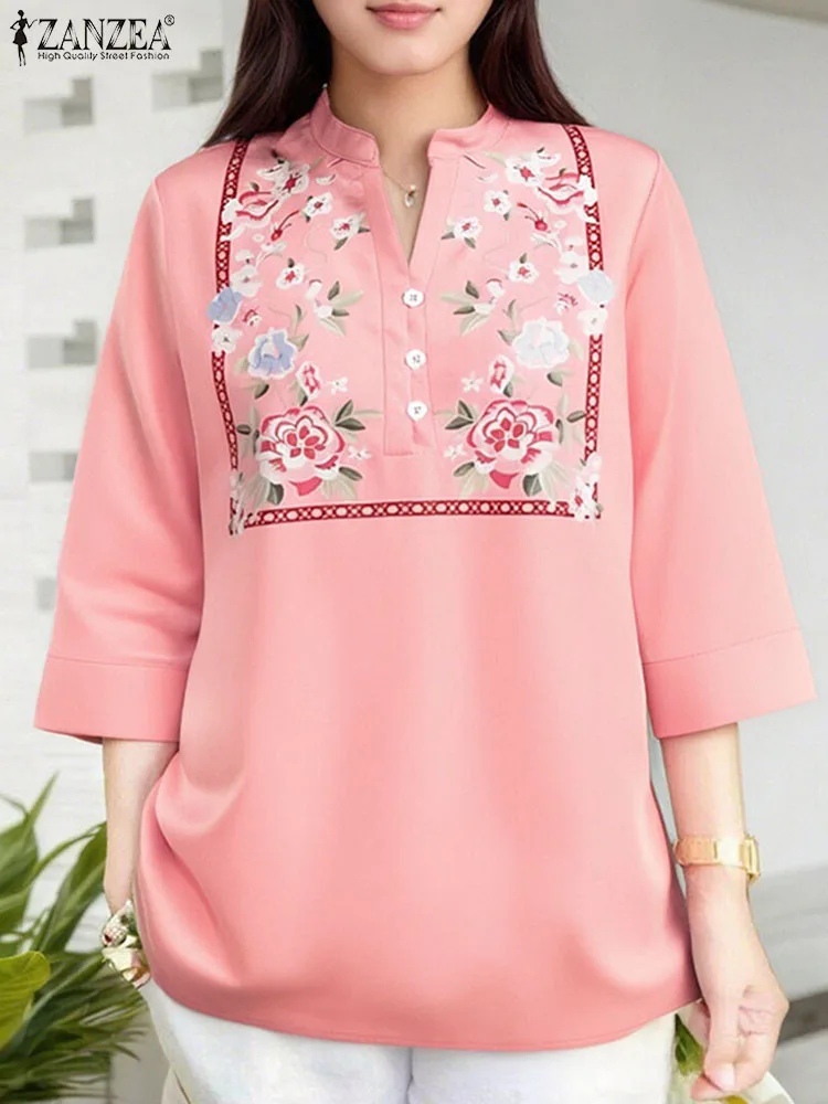

ZANZEA Women Printed Blouse Casual Loose 3/4 Sleeve Tops 2025 Elegant OL Work Blusas Fashion V-Neck Summer Pullover Oversized