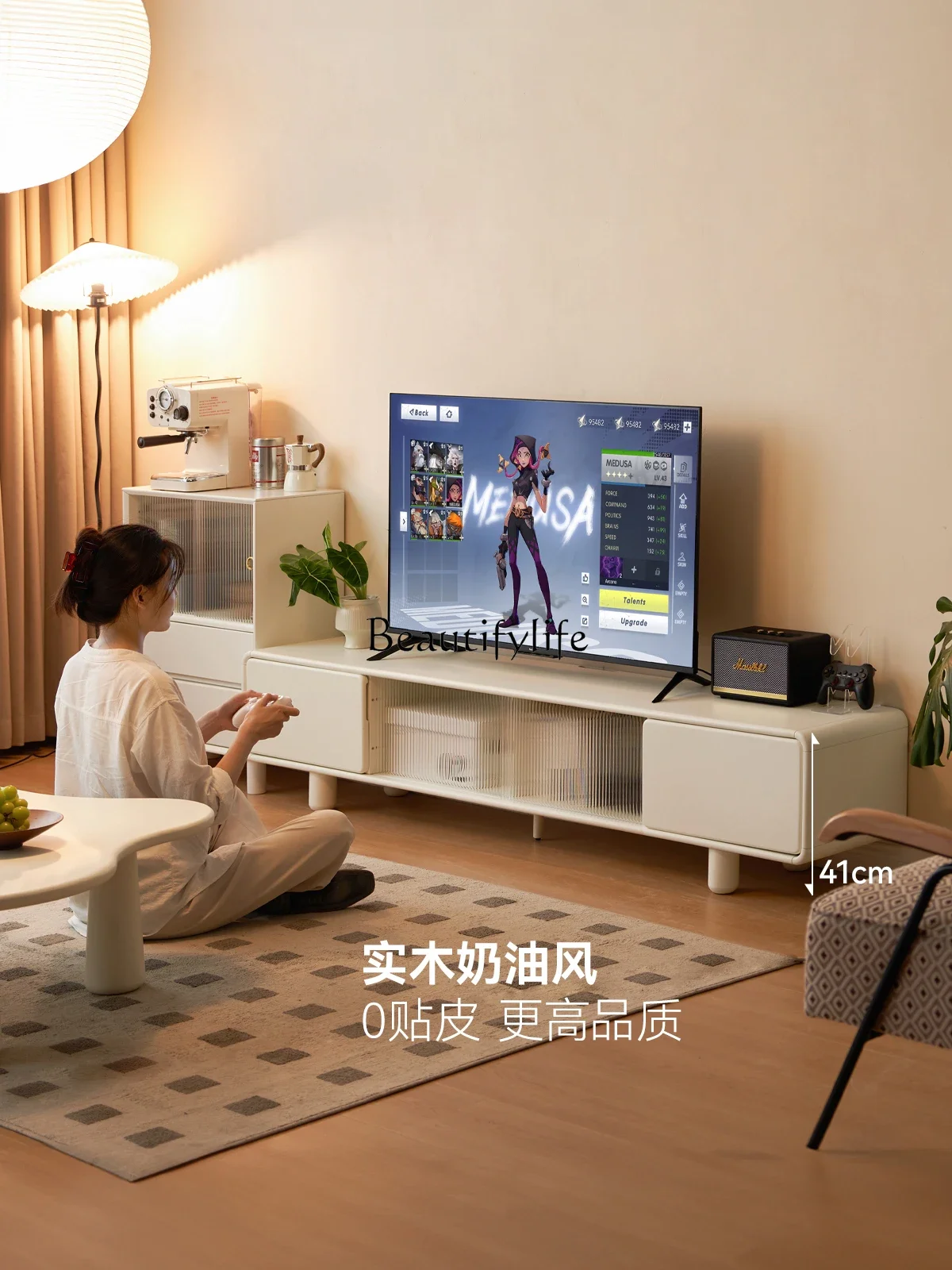 

yj15 Solid Wood TV Cabinet Cream Style Living Room Storage Cabinet Small Apartment White