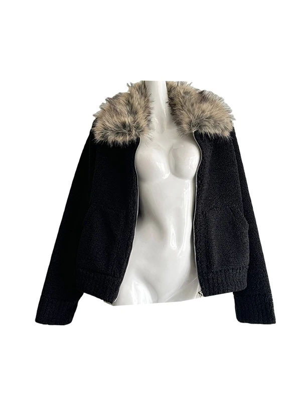 トレンド感のあるヘビーワークラムファーカラー付きコート、ふわふわの冬用アウター、新作、通勤、ゆったりフィット、ロング丈