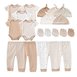 Unisex cor sólida algodão roupas conjuntos, bodysuits desenhos animados, calças, luvas, chapéus, impressão, recém-nascido, bebé, menina