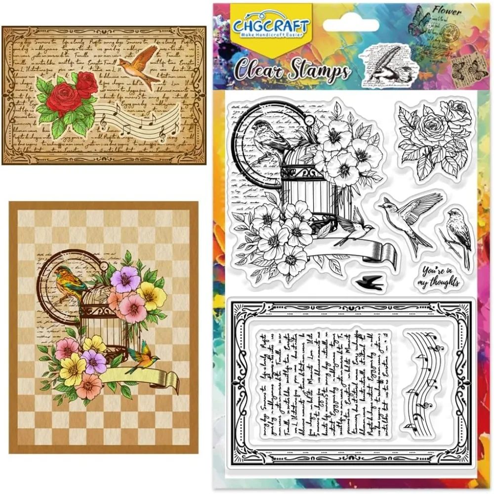 Retro Flower Clear Stamps Bird Text Background Transparent Stamps for Card Making Clear Stamp Seals for Cards Journal Album