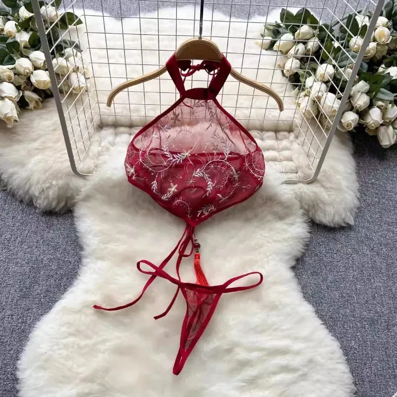 Chinese Tranditional Hanfu Dress Women Sexy Chffion High Split Temptation Lingerie Underwear Lace Halter Neck Erotic Nightgowns